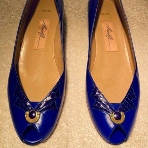 Open toe Blue Leather Italian low heel  ( about 1 1/4 inches) pumps.